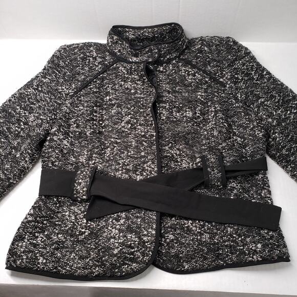 Sandro Sportswear Tweed Belted Boucle Jacket Womens XL Petite Black White Blazer - Picture 14 of 16